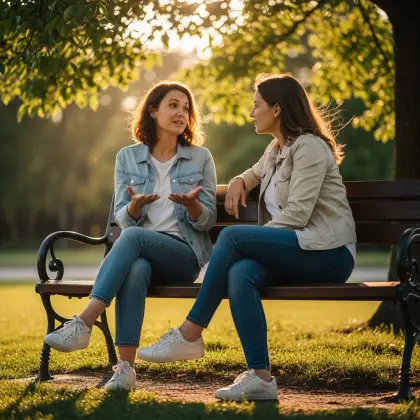 Two women share a heartfelt talk on a sunny park bench—surrounded by nature, reflecting empathy and true connection