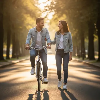 A couple in matching outfits enjoy a slow stroll and bike ride together—celebrating connection, trust, and shared moments.