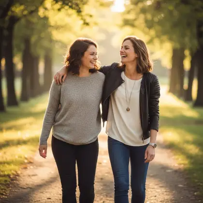 Two women walk arm in arm down a peaceful, tree-lined path—capturing the warmth of trust, support, and lasting connection.
