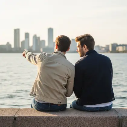 Two friends relax on the beach, a bustling cityscape behind them, illustrating the importance of friendship in a harmonious world.
