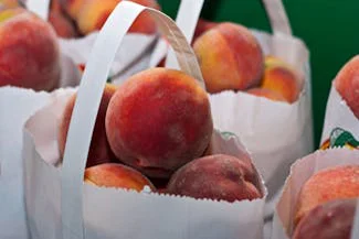 Juicy peaches arranged in paper bags, representing the freshness and variety found at a local farmers market.