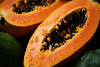 A ripe papaya fruit, vibrant orange in color, commonly enjoyed in tropical regions for its sweet flavor and nutritional benefits.