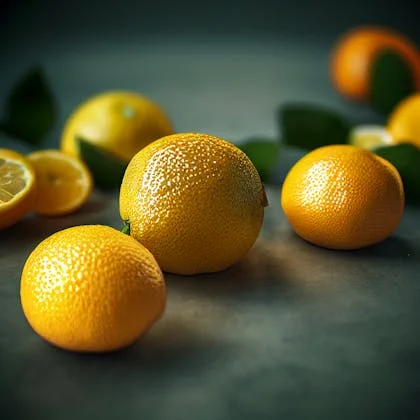 A vibrant arrangement of oranges on a table, accompanied by fresh green leaves.