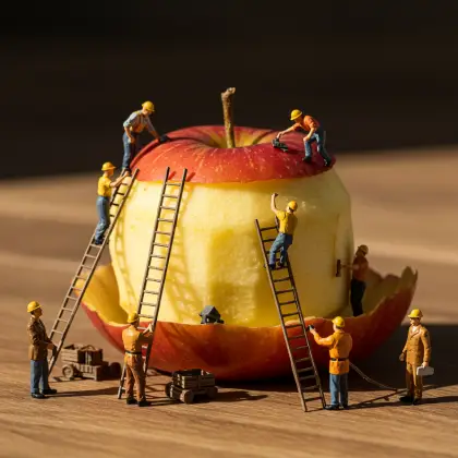 Miniature figures gather around an apple and a rolling pin, searching for facts in a whimsical kitchen scene.
