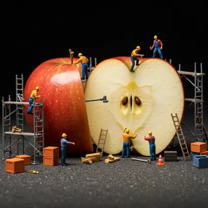 A large apple with a group of tiny workers exploring its surface, seeking out interesting facts and information.