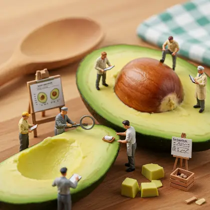 A table with a tablecloth and tiny workers examining an avocado, searching for facts together.