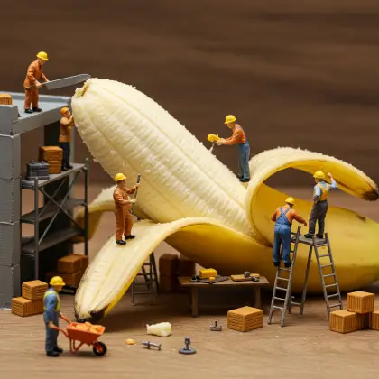 Tiny workers on a large banana, actively researching and gathering information about the fruit's characteristics.