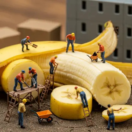 A group of tiny workers examining a banana, searching for facts and information in a collaborative effort.