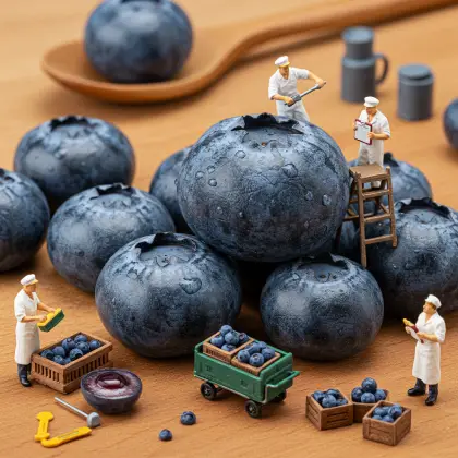 Tiny individuals gathered around a table, diligently searching for facts related to a blueberry.