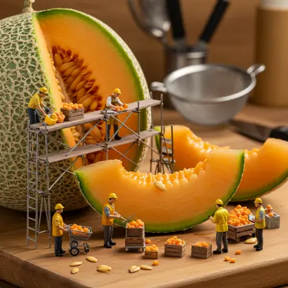 Small workers engaged in research on a cantaloupe, exploring its details for factual insights.
