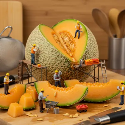 Tiny workers gather around a table with a cantaloupes, actively searching for facts and information.