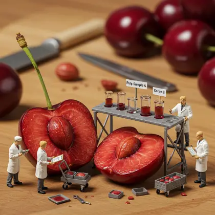 Tiny figures encircle a table featuring a cherry, actively searching for facts and details.