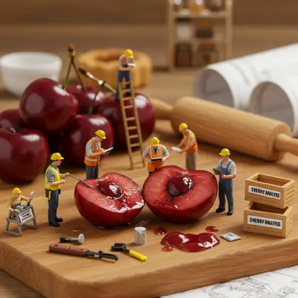 A wooden cutting board with a cherry on it, surrounded by tiny workers searching for facts.