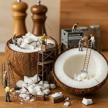 A group of tiny workers examining a coconut, focused on gathering information and facts about it.