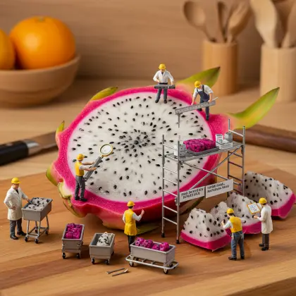 Miniature people are slicing dragon fruit, illustrating small workers on a mission to uncover interesting facts.