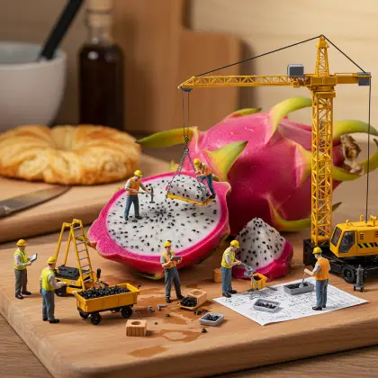 Miniature workers examining a dragon fruit, searching for facts among its vibrant pink skin and green scales.