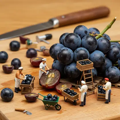 A cluster of grapes on a table, surrounded by tiny workers gathering facts about the fruit.