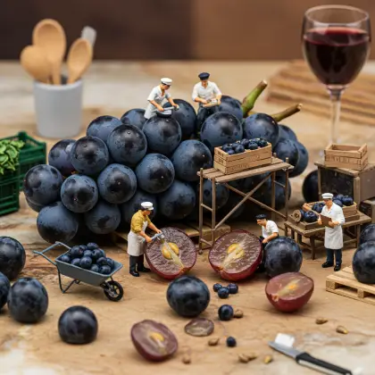Miniature workers examining a cluster of grapes, searching for facts among the fruit's details.