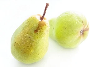 Two green pears placed against a stark white background, emphasizing their glossy texture and simple elegance.