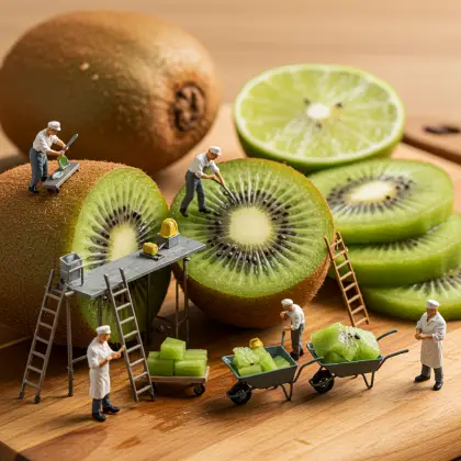 A group of tiny workers examining a kiwi, searching for facts and information about the fruit.