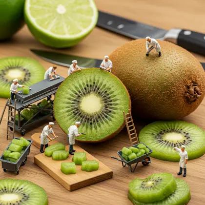A group of tiny workers examining a kiwi fruit, searching for facts and information about the fruit's characteristics.