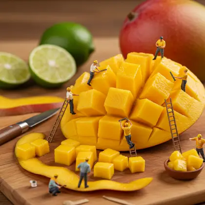 A table scene with tiny workers focused on a mango, actively researching and gathering facts.