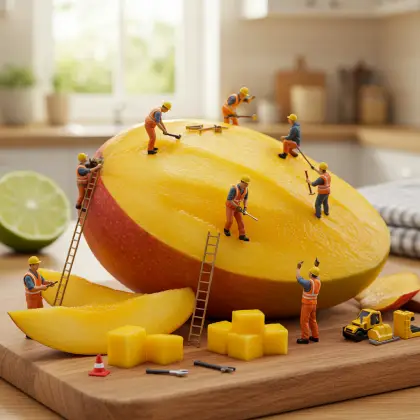A group of tiny workers examining a large mango, searching for facts and information in a collaborative effort.