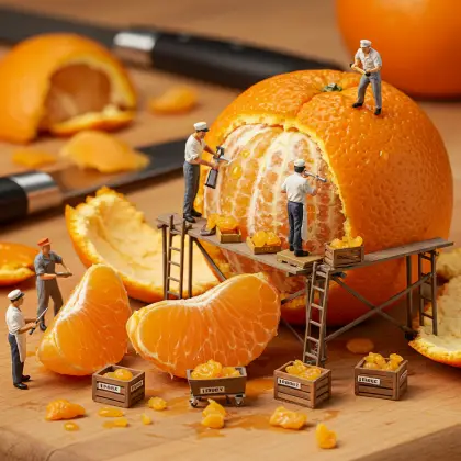 A group of tiny workers examining an orange, searching for facts and information in a collaborative effort.