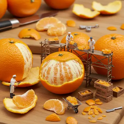 A table filled with orange slices, surrounded by tiny workers searching for facts among the fruit.
