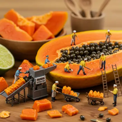A table featuring a papaya, surrounded by tiny workers engaged in fact-finding activities.