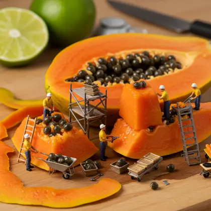 A sliced papaya featuring miniature workers searching for facts inside the fruit.