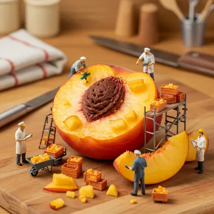 A peach sits on a table as tiny workers gather around, diligently seeking information and facts.