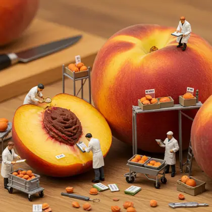 A cutting board with tiny workers examining a peach, searching for facts among its surface and texture.