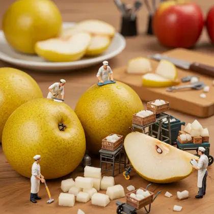 A group of tiny workers examining a pear, searching for facts and information in a collaborative effort.