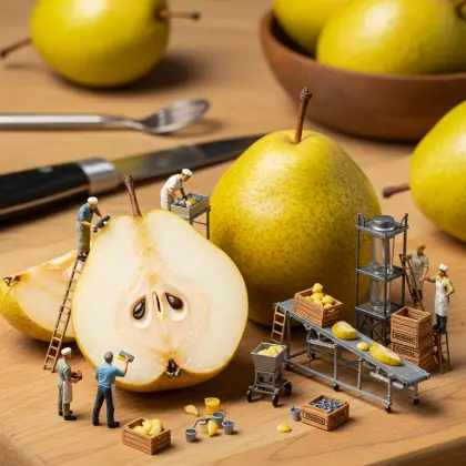 A table with pears surrounded by tiny workers diligently looking for facts.
