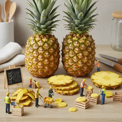A table with a pineapple and tiny workers exploring facts together.