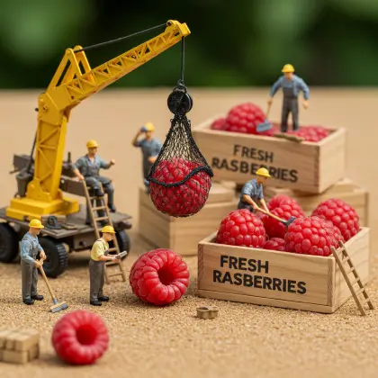 Tiny figures researching information At a table with a basket of raspberries nearby.