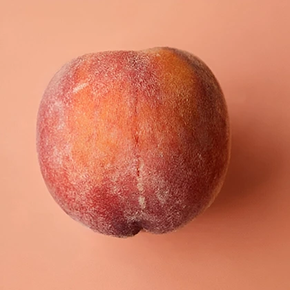 A solitary peach rests on a soft pink background, showcasing its vibrant color and smooth texture.