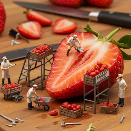 A wooden cutting board with a pile of strawberries, accompanied by tiny workers on a quest for facts.