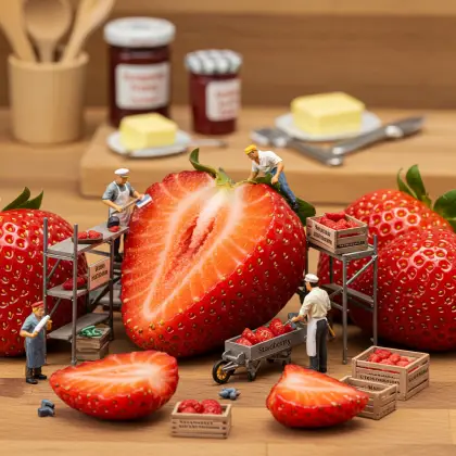 A table displaying a bunch of strawberries and tiny workers on a quest for facts and information.
