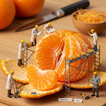 A table featuring miniature workers searching for facts among scattered tangerines.