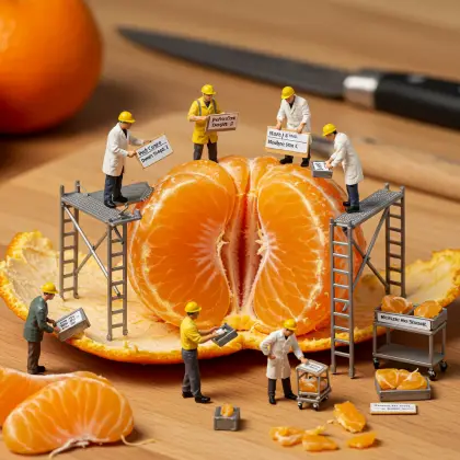 A table with a cutting board featuring a cut tangerines, surrounded by tiny workers searching for facts.