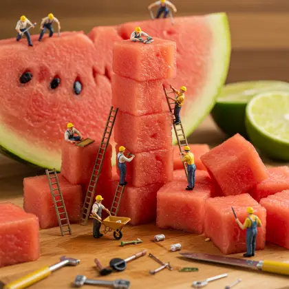 A group of tiny workers examining a watermelon, searching for facts and information in a collaborative effort.