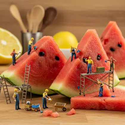 A cut watermelon with tiny workers examining it, searching for facts among the juicy fruit.