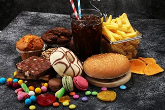 A table laden with various processed foods, highlighting unhealthy fats, sugars, and salts in the meal spread.