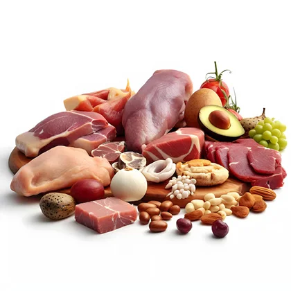 An assortment of meats and food items, emphasizing the heart-healthy benefits of choosing lean meats such as chicken and fish.