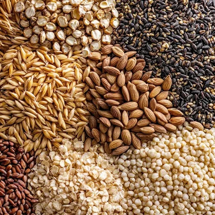 Diverse grains and seeds arranged, emphasizing their health benefits, including antioxidants and essential nutrients for wellness.