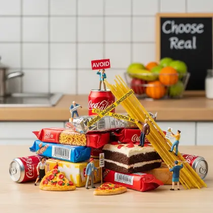 A whimsical scene of people on a stack of processed foods, highlighting healthy eating habits and steering clear of processed foods.
