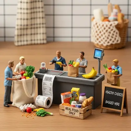 A vibrant toy grocery store filled with figurines selecting fresh produce, promoting healthy eating and avoiding processed foods.