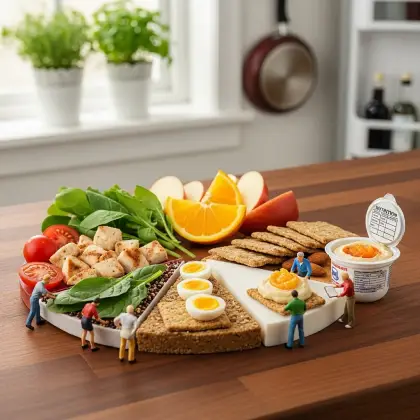 A table filled with various healthy food items and miniature figurines, promoting a balanced diet and healthy eating.